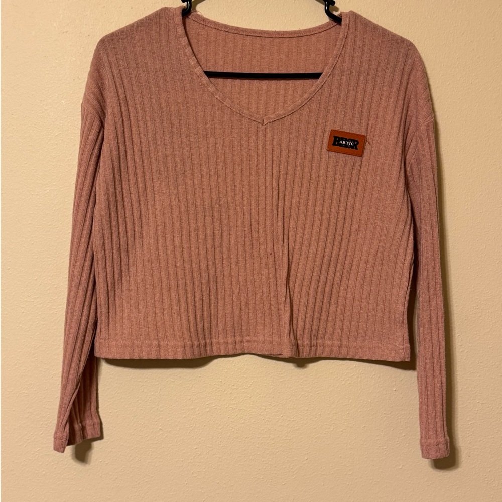 Cozy V-Neck Ribbed Long Sleeve Top - Dusty Pink